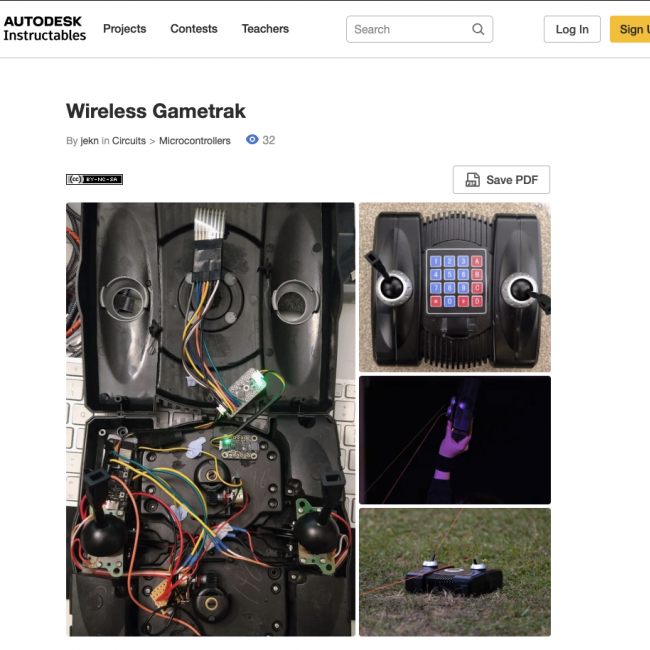 instructables wepage showing images of the hacked gametrak, 1 shows the inside components and wireing, 2 shows the closed gametrak with buttons on top, 3 shows a hand holding the gametrak in the air, 4 shows a gametrak on grass with strings drawn