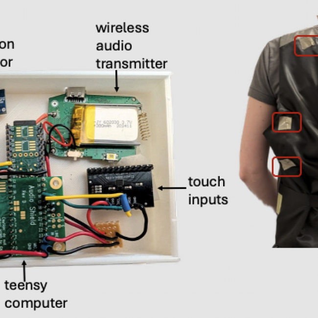 components including motion sensor, teensy computer, wireless audio transmitter, touch inputs, plus a body wearing a waistcoat with higlighted touch points